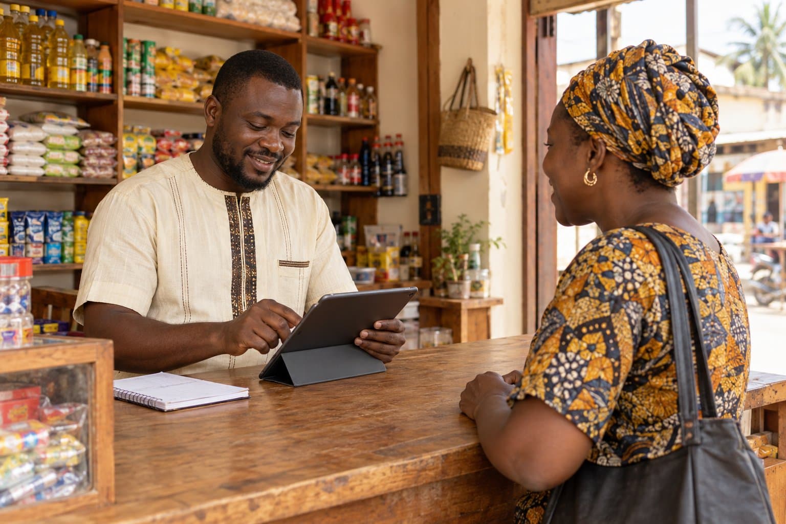 Commerçant consultant le compte d'un client fidèle à l'aide d'une tablette.