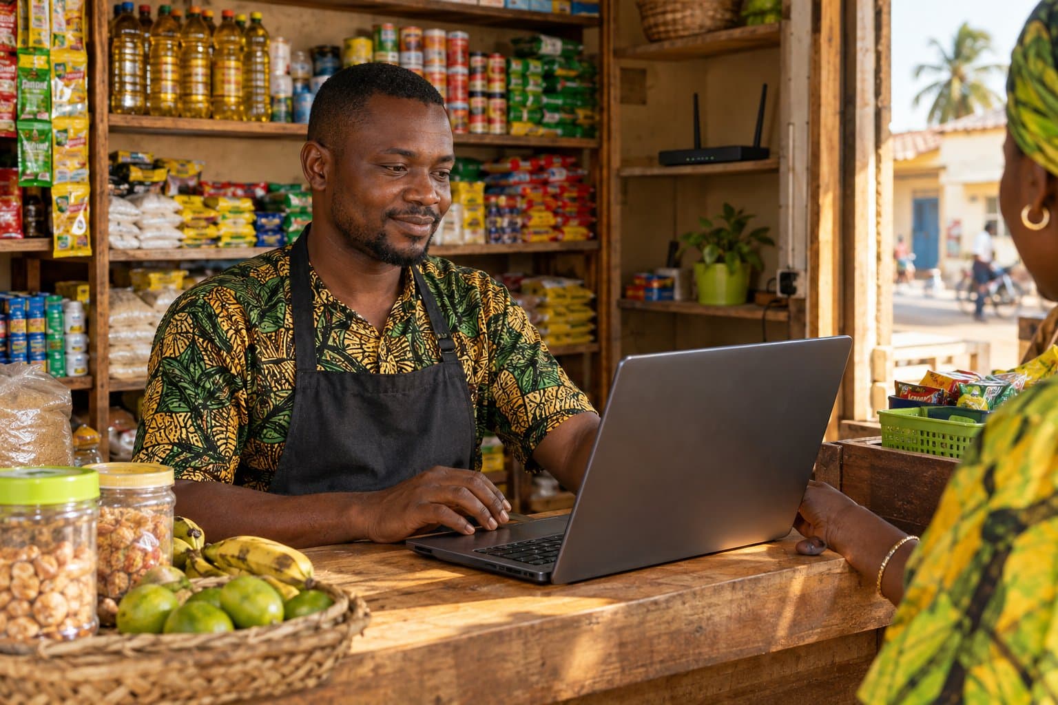 Commerçant qui continue à encaisser dans sa boutique malgré une coupure internet.