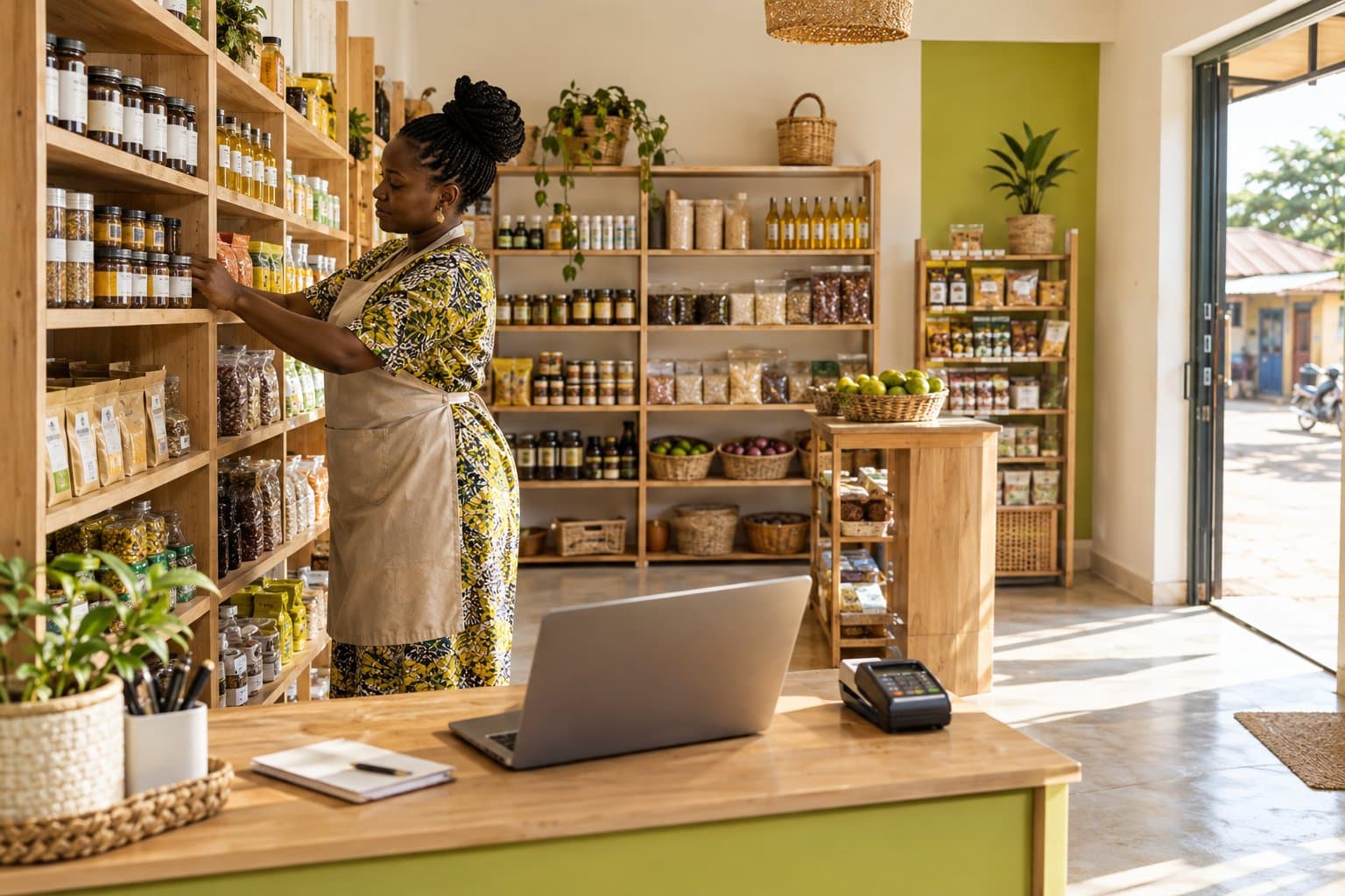 Commerçante préparant les rayons et la caisse avant l'ouverture de sa boutique.