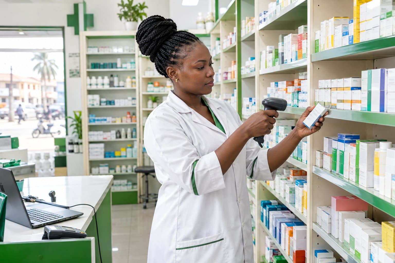 Pharmacienne vérifiant les médicaments en rayon avec un lecteur de codes-barres.