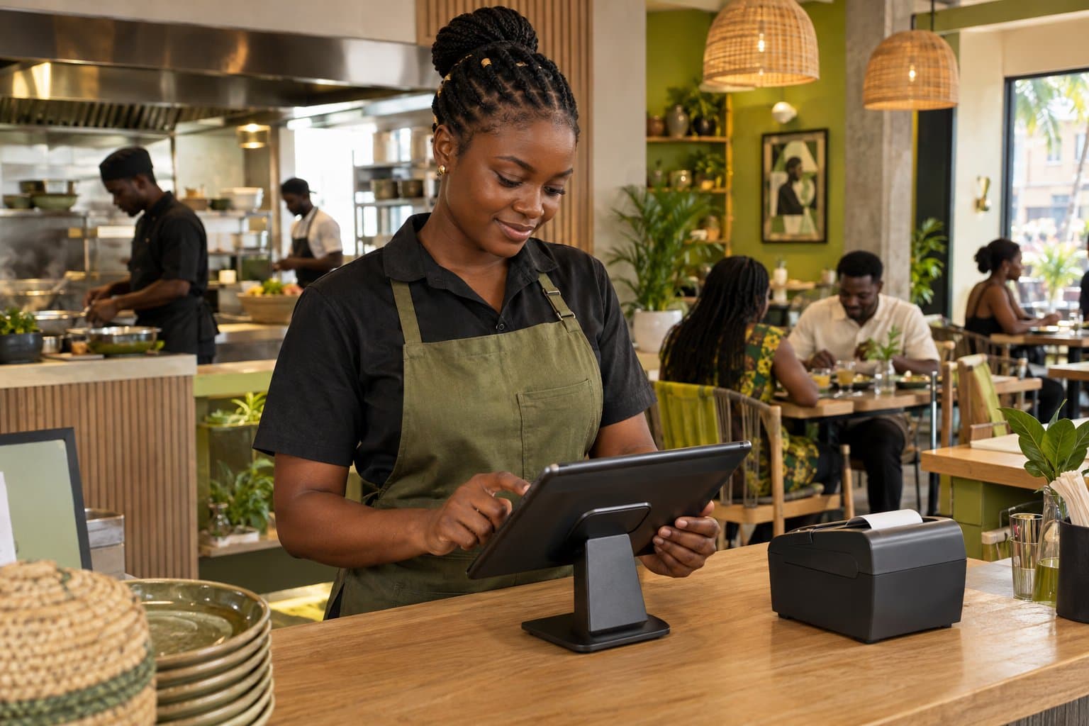 Serveur prenant une commande sur une tablette dans un restaurant de quartier.